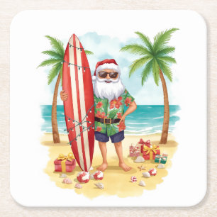 Dessous-de-verre Carré En Papier Fête de Noël sur la plage avec le Père Noël 