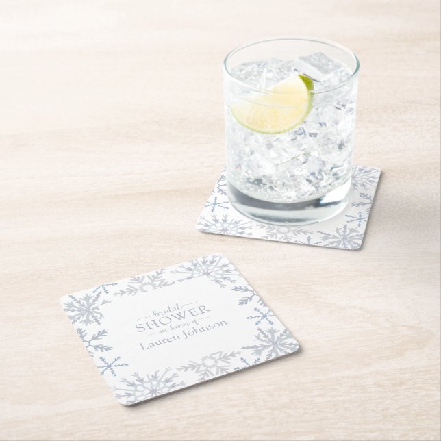 Dessous-de-verre Carré En Papier Fête des mariées d'hiver moderne Dusty Blue Snowfl (En situation)