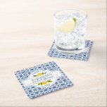 Dessous-de-verre Carré En Papier Fête des mariées en carrelage bleu citron méditerr<br><div class="desc">Jolie douche nuptiale citron et tuile bleue italienne mariage peut refroidir. Personnalisez-les avec le nom de la mariée pour la douche nuptiale ou la fête de bachelorette. Parfait pour votre douche à thème citron nuptiale. Conçu pour vous par Blackberry Boulevard.</div>