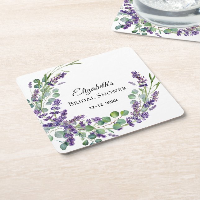 Dessous-de-verre Carré En Papier Fête des mariées personnalisée Boho Lavender Eucal (Incliné)