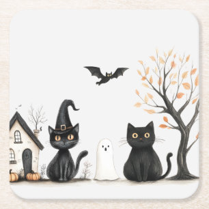 Dessous-de-verre Carré En Papier Fête d'Halloween aux chats noirs mignons