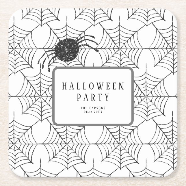 Dessous-de-verre Carré En Papier Fête d'Halloween moderne Black White Spider Web (Devant)