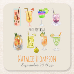 Dessous-de-verre Carré En Papier Fête du 40e anniversaire Beau cocktail d'aquarelle