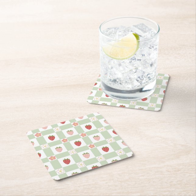 Dessous-de-verre Carré En Papier Fête Pastel Vert Gingham Fraise (En situation)