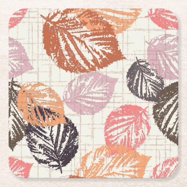 Dessous-de-verre Carré En Papier Feuilles d'automne sur le beige. (Devant)
