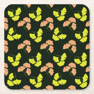 Dessous-de-verre Carré En Papier Feuilles de Ginko Pastel-Néon sur Fond Noir