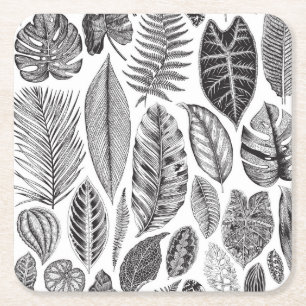 Dessous-de-verre Carré En Papier Feuilles exotiques, vintage floral noir et blanc.