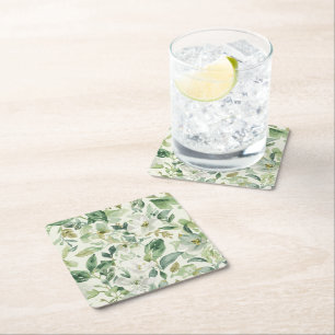 Dessous-de-verre Carré En Papier Feuilles Florales Aquarelle Verte Botanique Nature