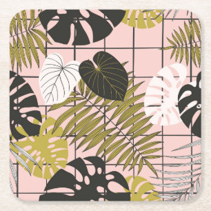 Dessous-de-verre Carré En Papier Feuilles tropicaux, fleurs, motif peint à la main.