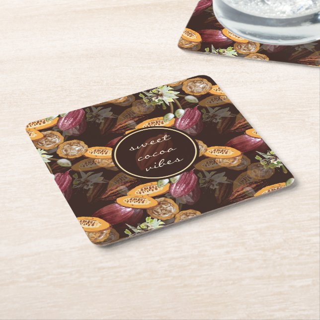 Dessous-de-verre Carré En Papier Fèves et fleurs de cacao, Motif de chocolat (Incliné)