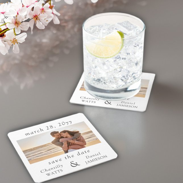 Dessous-de-verre Carré En Papier Fiançailles photo mariage Enregistrer la date (Engagement photo save the date coasters by Darling & May)