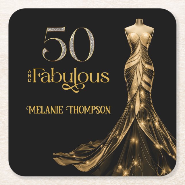 Dessous-de-verre Carré En Papier Fifty and Fabulous Gold Dress Black 50th Birthday (Devant)