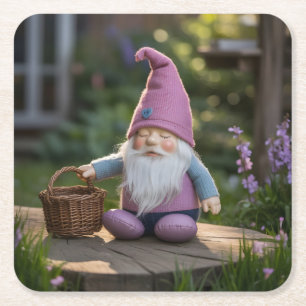 Dessous-de-verre Carré En Papier Figurine de gnome en peluche avec panier tressé en