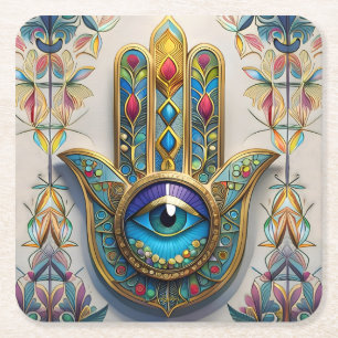 Dessous-de-verre Carré En Papier Filigree couleur or bleu-vert troisième oeil Hamsa