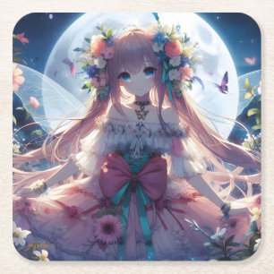 Dessous-de-verre Carré En Papier Fille Anime Fleur Lune Fée