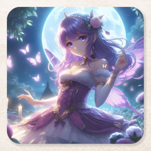 Dessous-de-verre Carré En Papier Fille Anime Papillon Violet Aile Lune Fée 