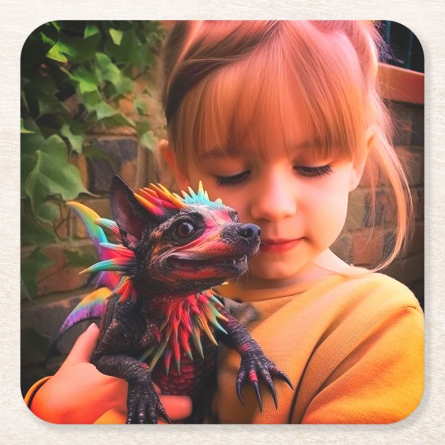 Dessous-de-verre Carré En Papier Fille avec créature (Devant)