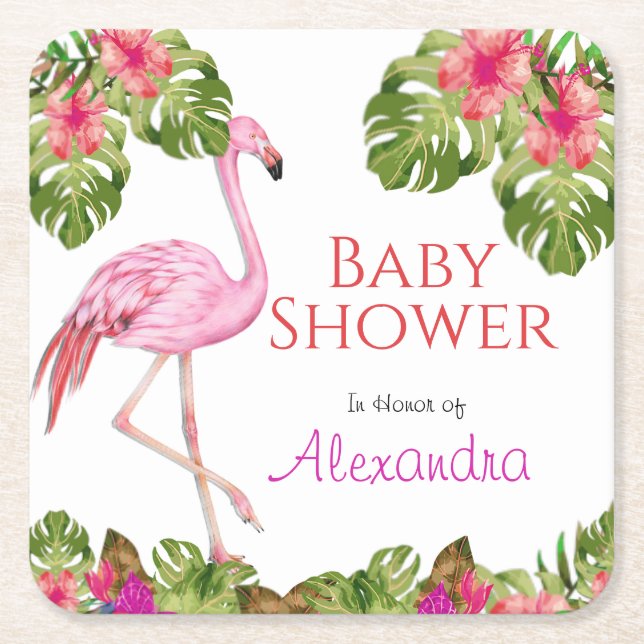 Dessous-de-verre Carré En Papier Fille Baby shower rose Flamant rose faune tropical (Devant)