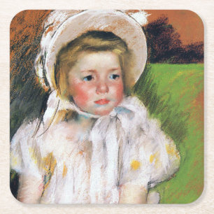 Dessous-de-verre Carré En Papier Fille dans une Bonnet Blanche, Mary Cassatt