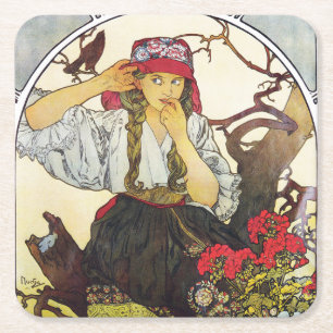 Dessous-de-verre Carré En Papier Fille et géranium, Mucha