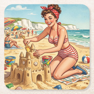 Dessous-de-verre Carré En Papier Fille Pin Up Vintage Construisant un Château de Sa