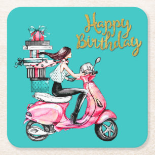 Dessous-de-verre Carré En Papier Fille sur scooter transportant des cadeaux