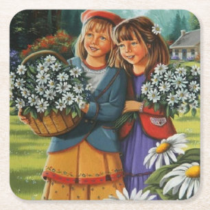 Dessous-de-verre Carré En Papier Filles cueillette Fleurs Art