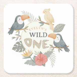 Dessous-de-verre Carré En Papier Filles Toucan Tropical Jungle Wild One 1er Anniver
