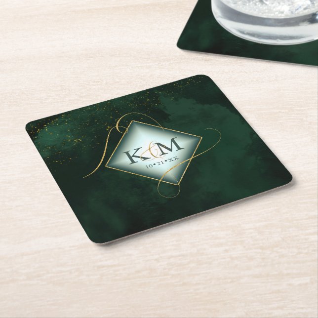 Dessous-de-verre Carré En Papier Fine Lines Gold Abstrait Mariage V2 Emerald ID867 (Incliné)