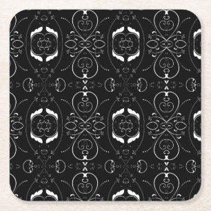 Dessous-de-verre Carré En Papier Fines flourishes blanches élégantes sur fond noir