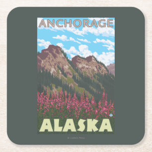 Dessous-de-verre Carré En Papier Fireweed et montagnes - Anchorage, Alaska