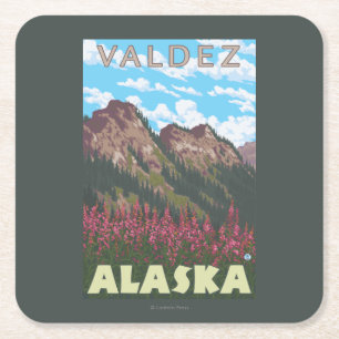 Dessous-de-verre Carré En Papier Fireweed et montagnes - Valdez, Alaska