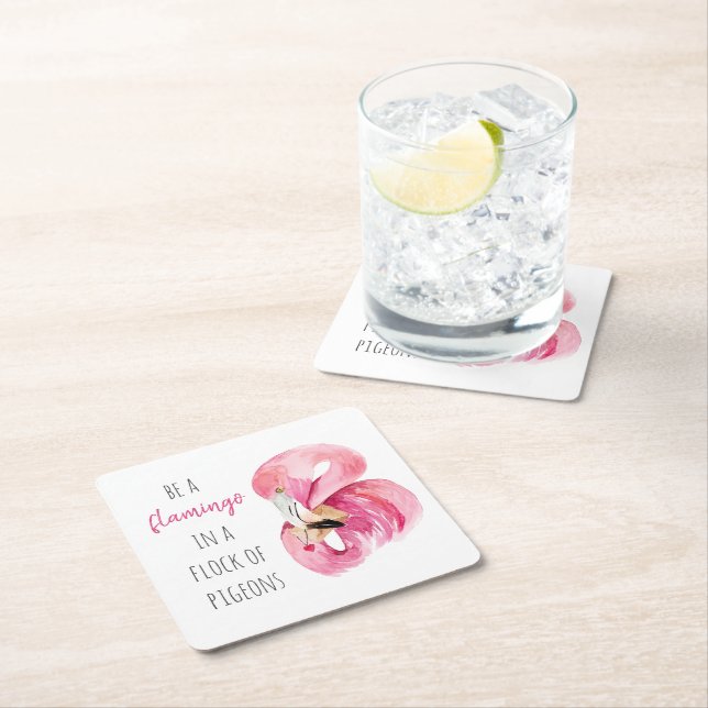 Dessous-de-verre Carré En Papier Flamant rose Aquarelle Exotique Rose Moderne Avec  (En situation)