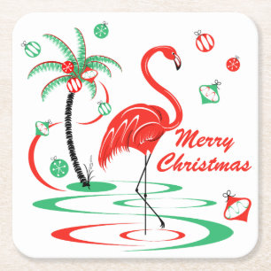 Dessous-de-verre Carré En Papier Flamant rose de Noël rouge Joyeux carré de Noël