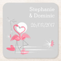Flamant rose Love Noms Date dessous de verre carré