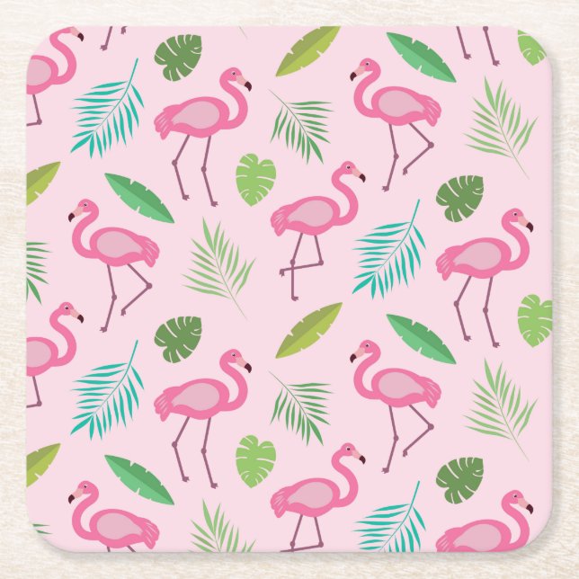 Dessous-de-verre Carré En Papier Flamant rose rose avec Motif Feuille tropical (Devant)