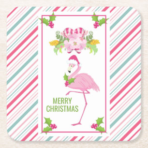 Dessous-de-verre Carré En Papier Flamant rose rose Sucres de canne Santa Hat et Hol