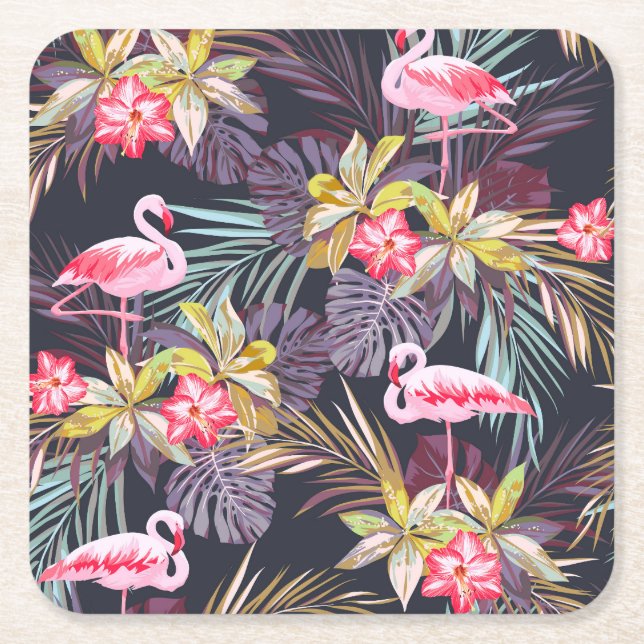 Dessous-de-verre Carré En Papier Flamant rose Tropical : Motif sans couture d'été (Devant)