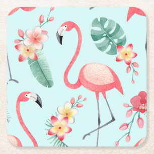 Dessous-de-verre Carré En Papier Flamants roses Fleurs tropicales Motif aquarelle