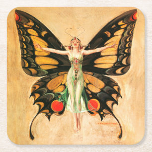 Dessous-de-verre Carré En Papier Flapper Butterfly Flying Woman Illustration