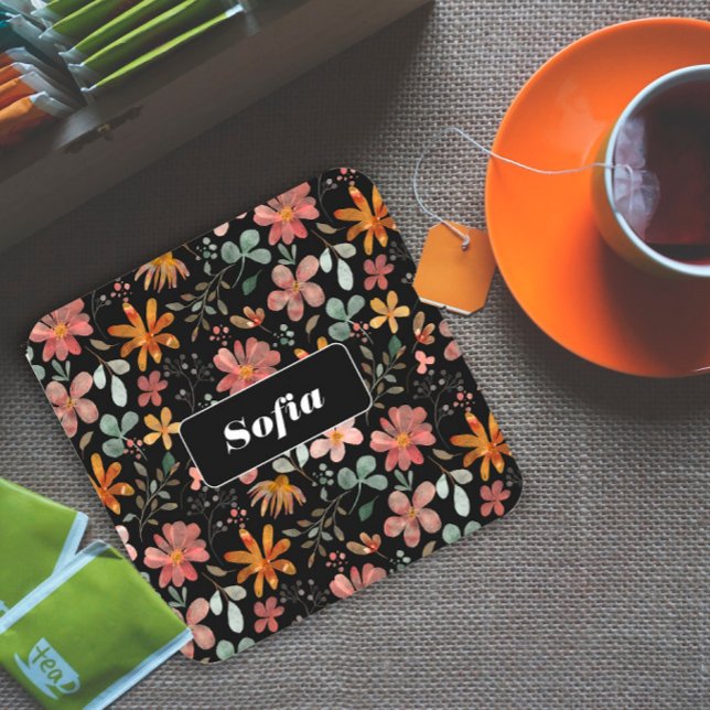 Dessous-de-verre Carré En Papier Fleur aquarelle motif personnalisé blanc noir (Créateur téléchargé)