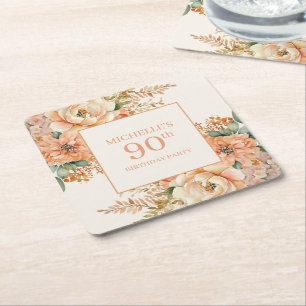 Dessous-de-verre Carré En Papier Fleur de Crème de Pêche Élégante 90e Anniversaire