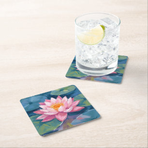 Dessous-de-verre Carré En Papier Fleur de Lotus Nénuphar Aquarelle