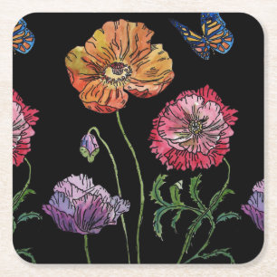 Dessous-de-verre Carré En Papier Fleur floral poppy noir orange aquarelle 