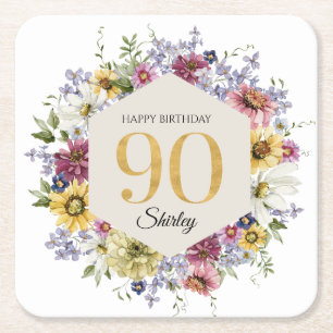 Dessous-de-verre Carré En Papier Fleur sauvage 90e anniversaire personnalisé