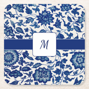 Dessous-de-verre Carré En Papier Fleur Sauvage Bleue et Blanche Nom Personnalisé de