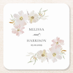 Dessous-de-verre Carré En Papier Fleurs aquarelles crème et blush