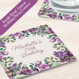 Dessous-de-verre Carré En Papier Fleurs aquarelles vert menthe violet pour 75e anni