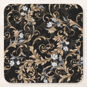 Dessous-de-verre Carré En Papier Fleurs baroques classiques : arrière - plan noir.