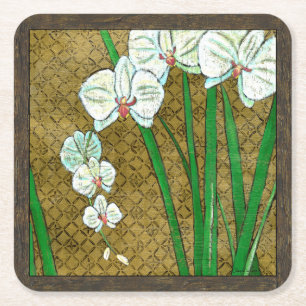 Dessous-de-verre Carré En Papier Fleurs blanches et tiges vertes à la frontière